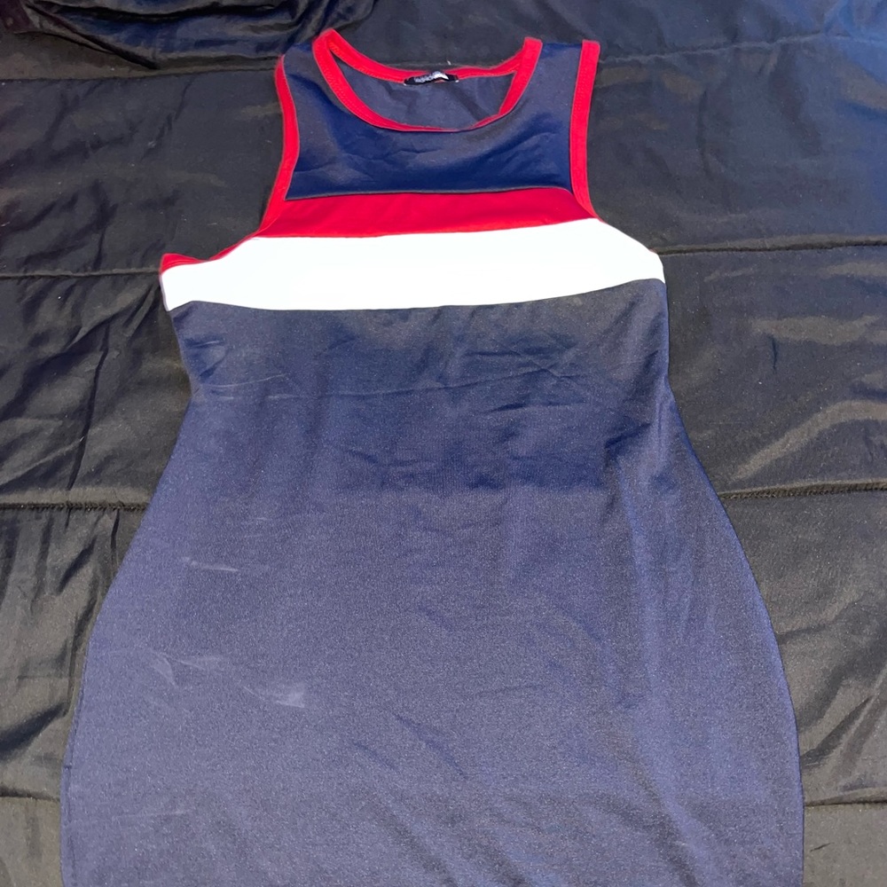 A fashion nova red blue and white dress.
